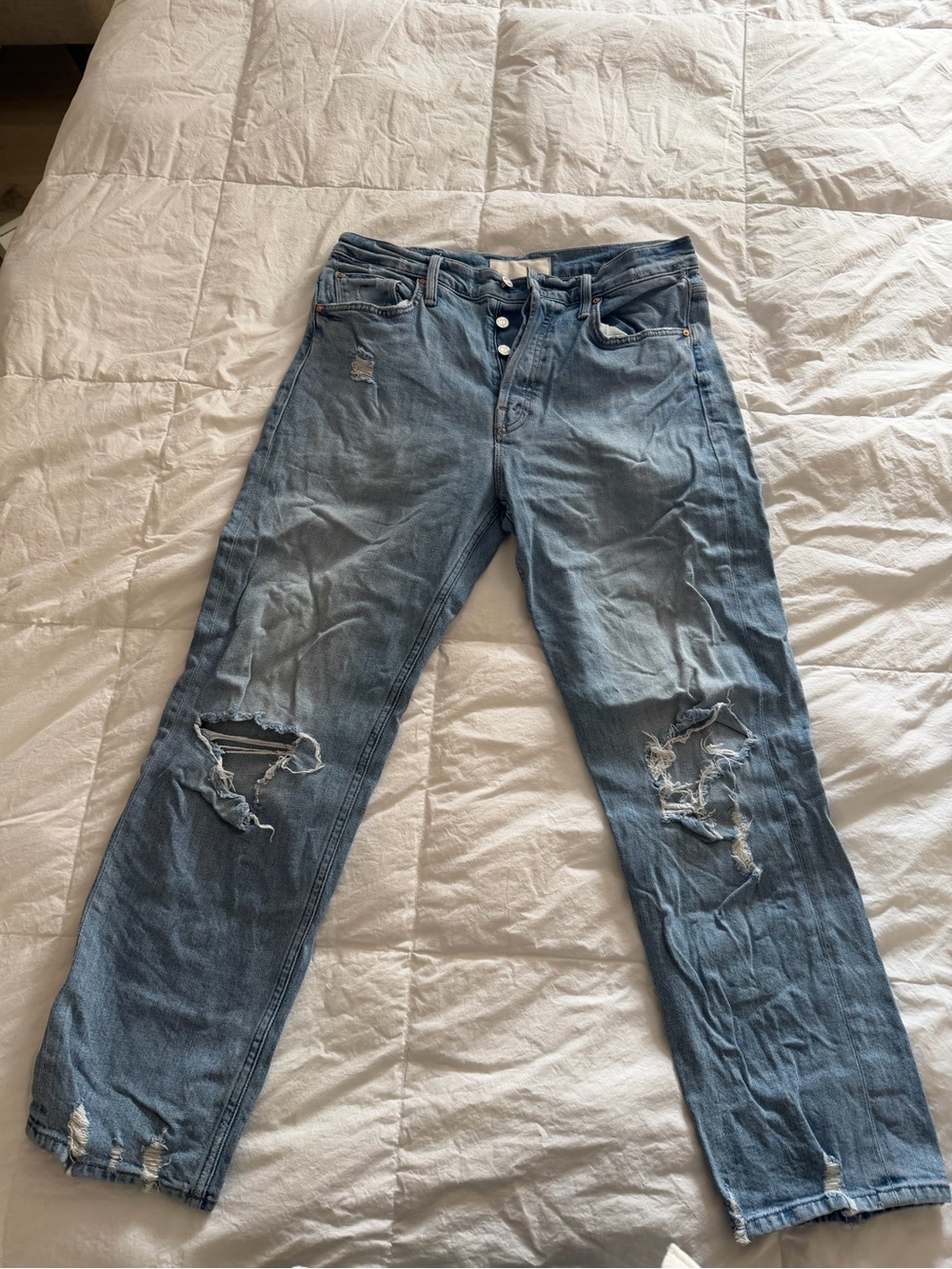 MOTHER Tomcat Light Blue Relaxed Jeans with Distressed Hem